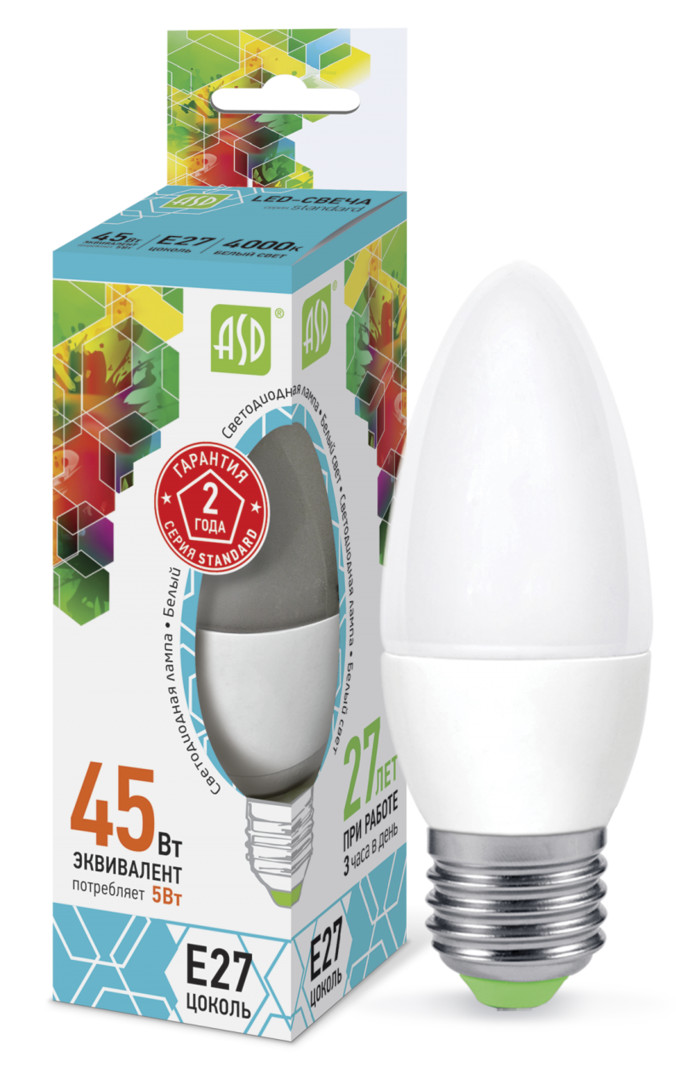 Лампа светодиодная LED-СВЕЧА-standard 5Вт 230В Е27 4000К 450Лм ASD