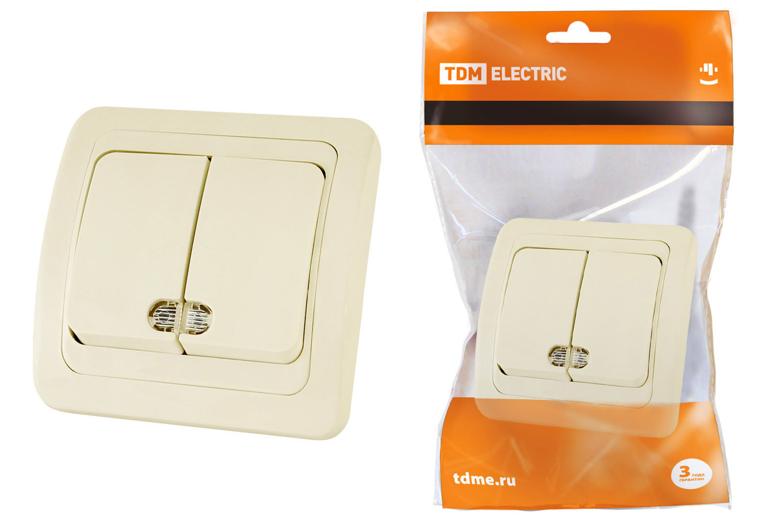 Выключатель 2-кл. с подсветкой 10А сл. кость Валдай